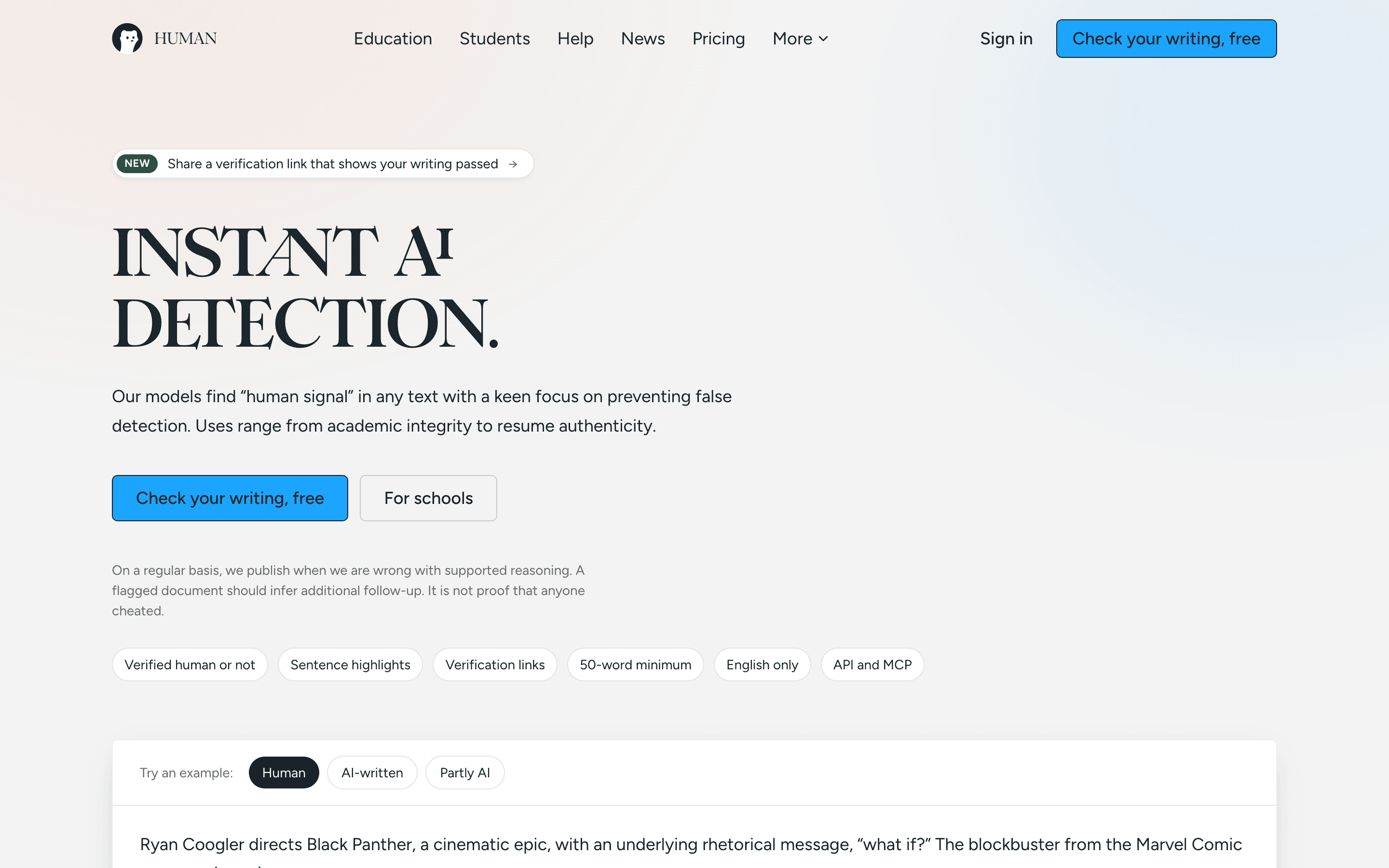 The Human home page at olive.is, with a Check your writing button and the result types Verified human, Sentence highlights, and Verification links.
