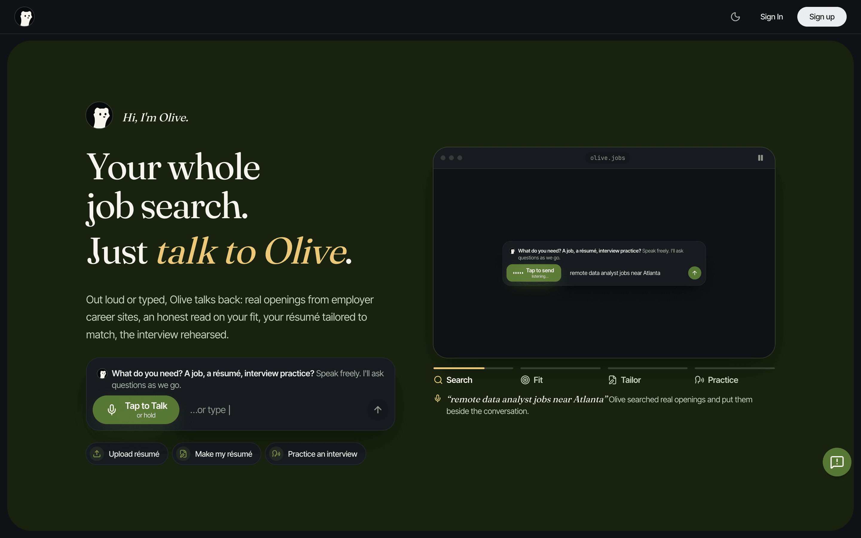 The Olive Jobs home page: “Your whole job search. Just talk to Olive.” with a Tap to Talk button.